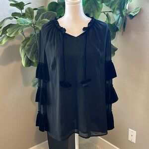 Black Chiffon and Velvet Long Sleeve Top
